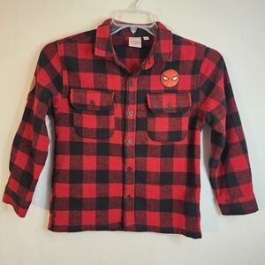 💘Marvel Spiderman Wool Blend Red and Black Plaid Double Breast Pockets Flannel